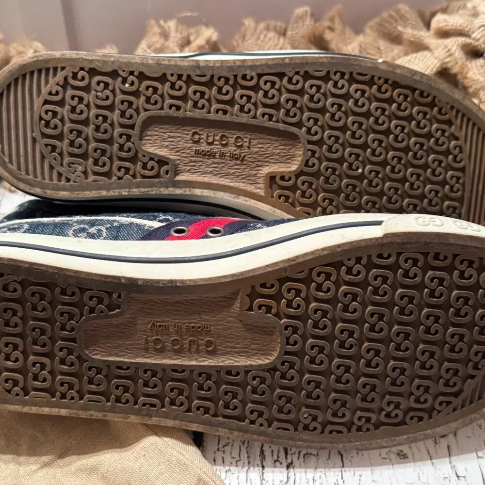 Men's Gucci High Top Denim Sneakers Monogram Blue Cream 8 - Picture 7 of 8